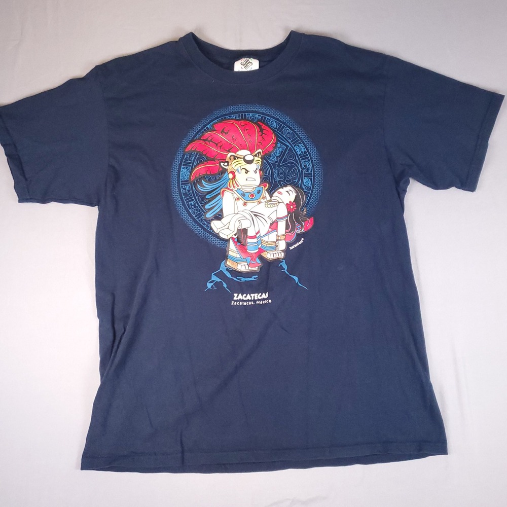 Karani Art T Shirt Mens Large Navy Blue Lego Aztec Zacatecas Mexico Graphic